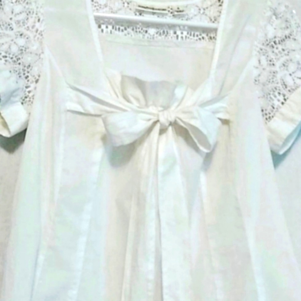 JPR White Front Tie Cotton Bow Top Puffy Lace Sleeves Lacey Back Yoke White S - Picture 3 of 7